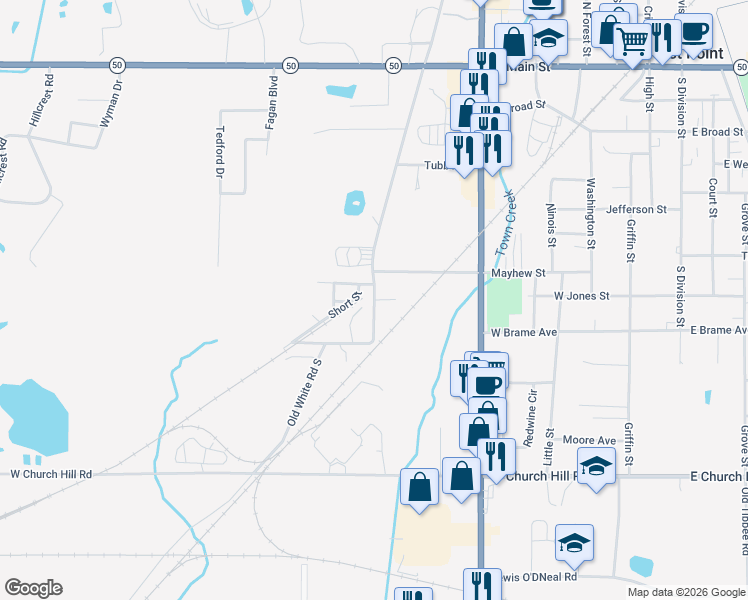 map of restaurants, bars, coffee shops, grocery stores, and more near 606 West City Limits Road in West Point