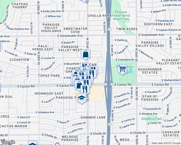 map of restaurants, bars, coffee shops, grocery stores, and more near 12251 North 32nd Street in Phoenix