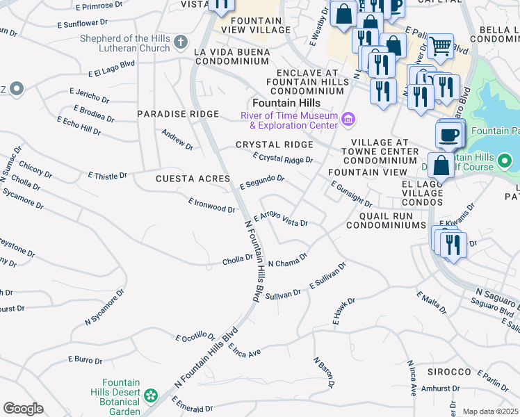 map of restaurants, bars, coffee shops, grocery stores, and more near 16368 East Arroyo Vista Drive in Fountain Hills