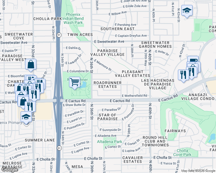 map of restaurants, bars, coffee shops, grocery stores, and more near 3722 East Charter Oak Road in Phoenix