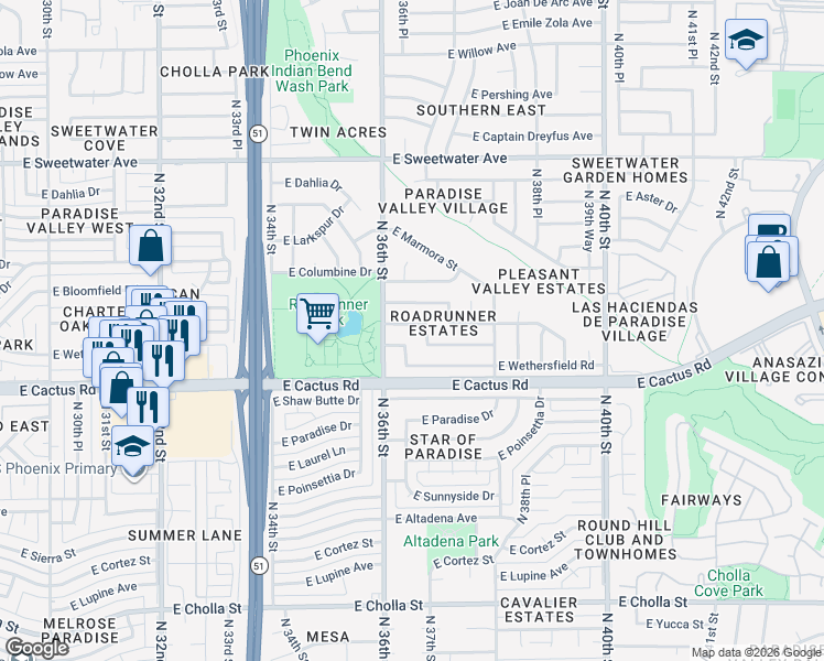 map of restaurants, bars, coffee shops, grocery stores, and more near 3622 East Wethersfield Road in Phoenix