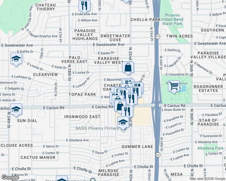 map of restaurants, bars, coffee shops, grocery stores, and more near 3046 East Wethersfield Road in Phoenix