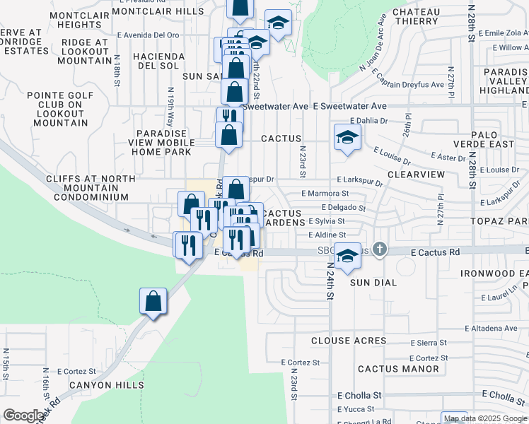 map of restaurants, bars, coffee shops, grocery stores, and more near 12250 North Escobar Way in Phoenix