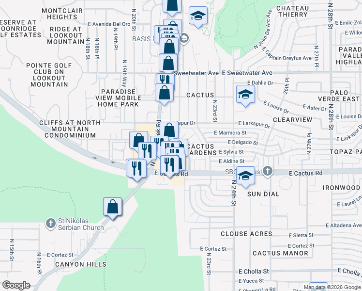 map of restaurants, bars, coffee shops, grocery stores, and more near 12250 North Escobar Way in Phoenix