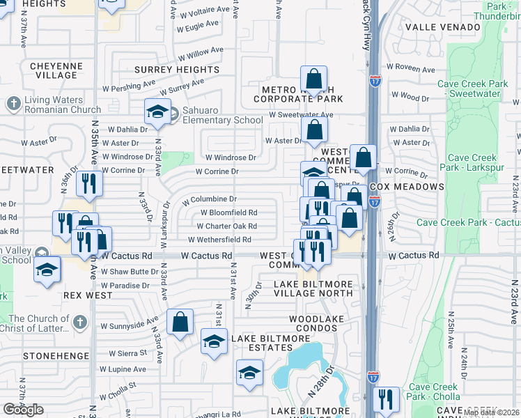 map of restaurants, bars, coffee shops, grocery stores, and more near 3015 West Bloomfield Road in Phoenix
