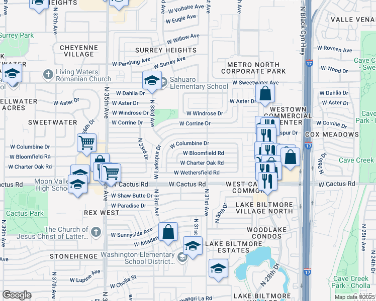 map of restaurants, bars, coffee shops, grocery stores, and more near 3127 West Bloomfield Road in Phoenix