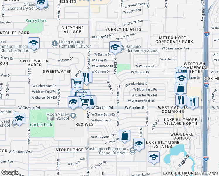 map of restaurants, bars, coffee shops, grocery stores, and more near 3329 West Bloomfield Road in Phoenix