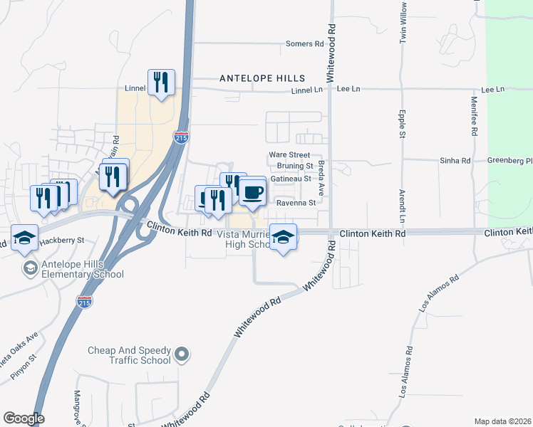 map of restaurants, bars, coffee shops, grocery stores, and more near 28269 Socorro Street in Murrieta