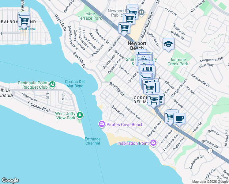 map of restaurants, bars, coffee shops, grocery stores, and more near 2601 Seaview Avenue in Newport Beach