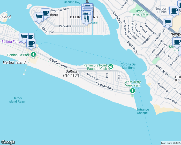 map of restaurants, bars, coffee shops, grocery stores, and more near 1516 Miramar Drive in Newport Beach