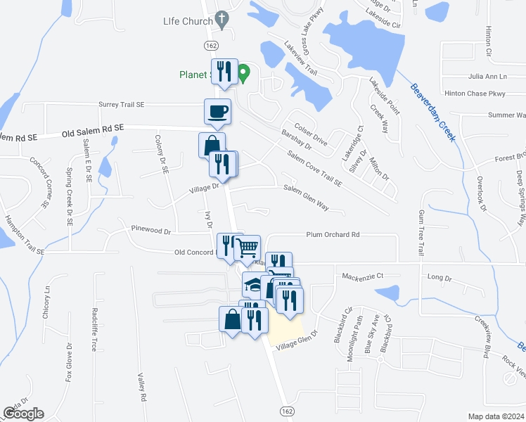 map of restaurants, bars, coffee shops, grocery stores, and more near 3400 Salem Road in Covington