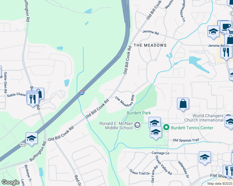 map of restaurants, bars, coffee shops, grocery stores, and more near 2950 Springfield Court Southwest in College Park