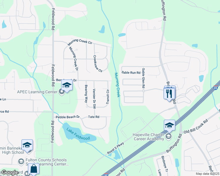 map of restaurants, bars, coffee shops, grocery stores, and more near 535 Transit Circle in Atlanta