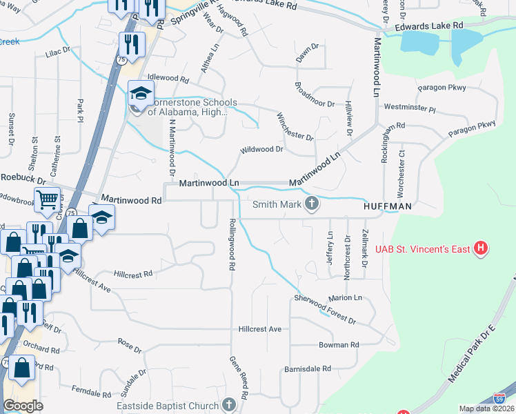 map of restaurants, bars, coffee shops, grocery stores, and more near 1008 Jeffery Drive in Birmingham