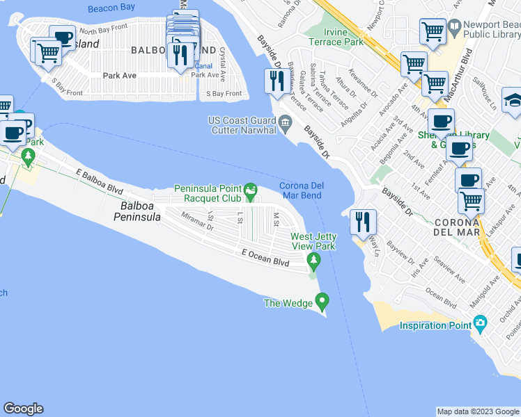 map of restaurants, bars, coffee shops, grocery stores, and more near 2025 East Balboa Boulevard in Newport Beach