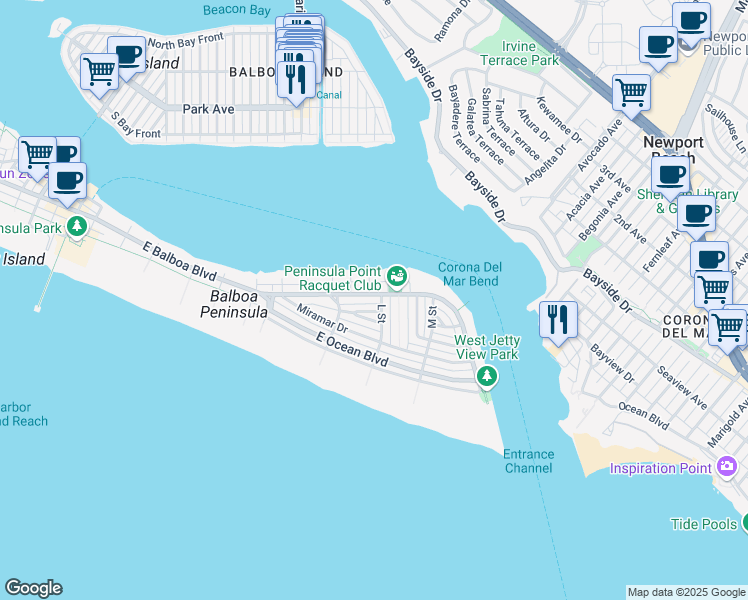 map of restaurants, bars, coffee shops, grocery stores, and more near 1905 East Balboa Boulevard in Newport Beach