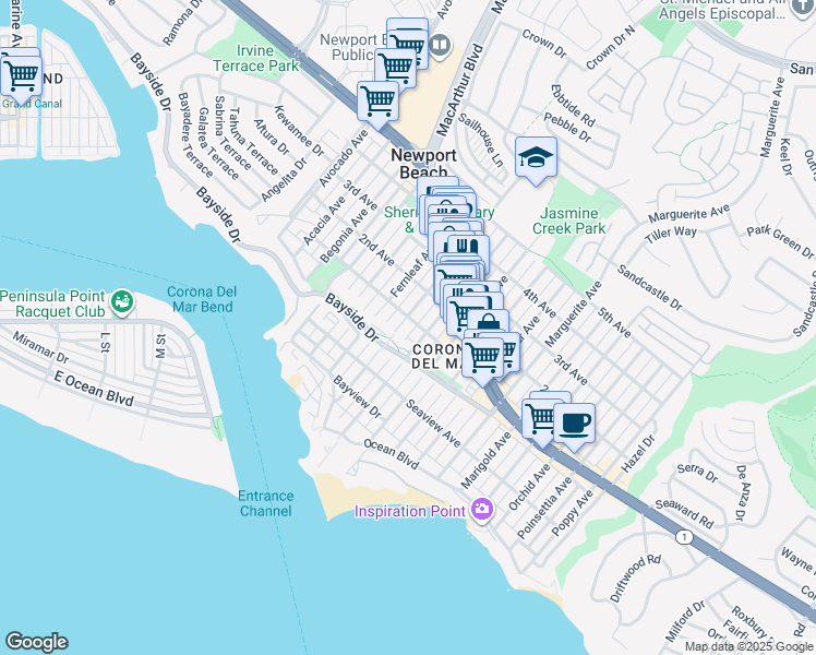 map of restaurants, bars, coffee shops, grocery stores, and more near 412-5 Goldenrod Avenue in Newport Beach