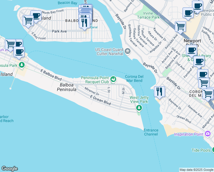 map of restaurants, bars, coffee shops, grocery stores, and more near 1905 East Balboa Boulevard in Newport Beach