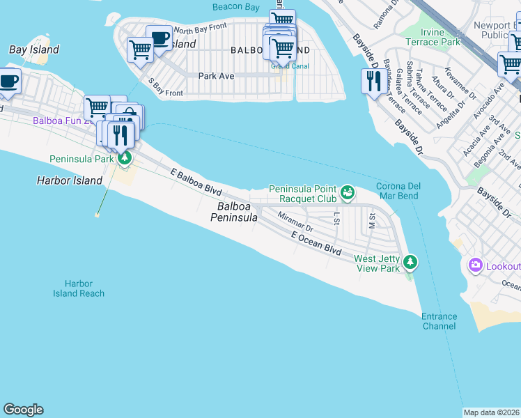 map of restaurants, bars, coffee shops, grocery stores, and more near G Street in Newport Beach