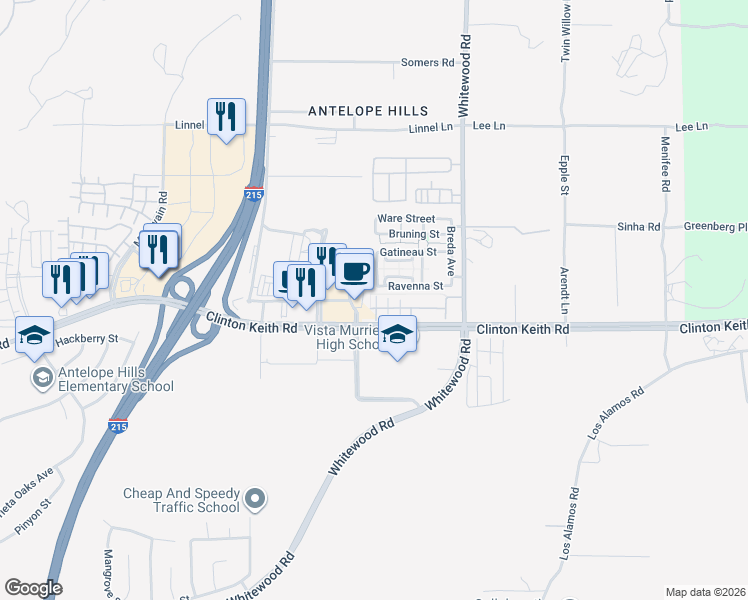map of restaurants, bars, coffee shops, grocery stores, and more near 28250 Socorro Street in Murrieta
