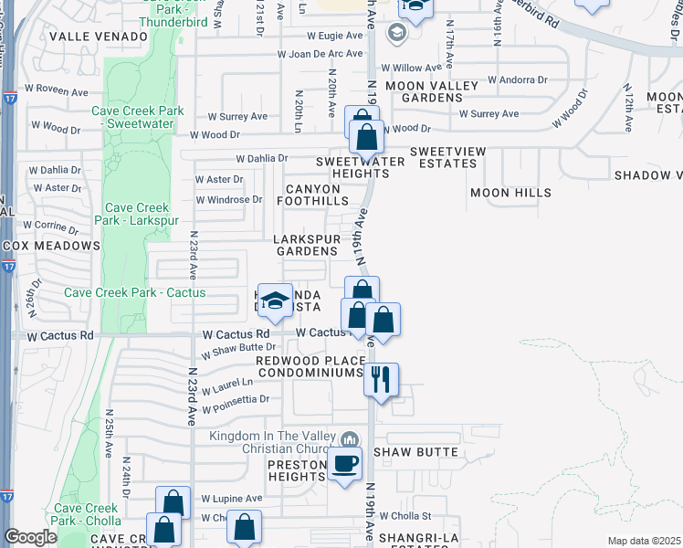 map of restaurants, bars, coffee shops, grocery stores, and more near 12430 North 19th Avenue in Phoenix