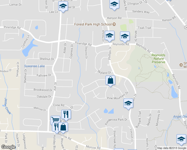 map of restaurants, bars, coffee shops, grocery stores, and more near 5679 Highland Circle in Forest Park