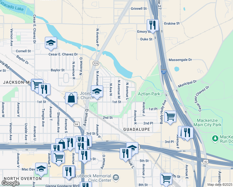 map of restaurants, bars, coffee shops, grocery stores, and more near 106 North Avenue M in Lubbock