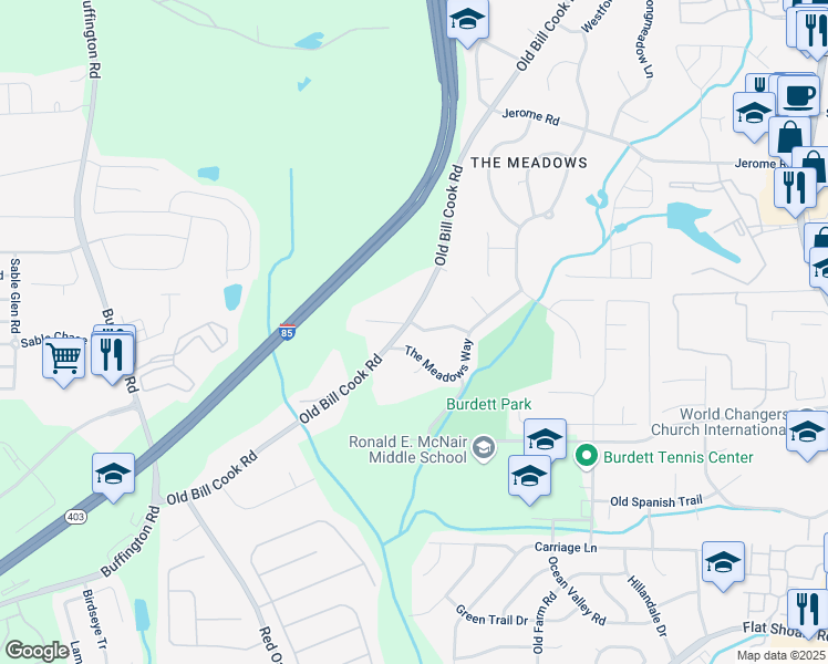 map of restaurants, bars, coffee shops, grocery stores, and more near 2950 Springfield Court Southwest in College Park