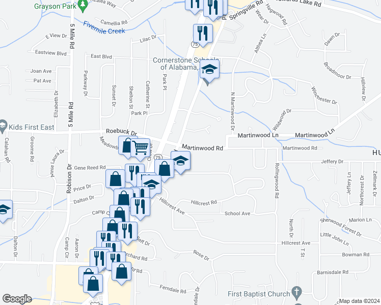 map of restaurants, bars, coffee shops, grocery stores, and more near 713 Martinwood Road in Birmingham