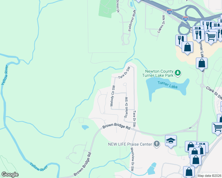map of restaurants, bars, coffee shops, grocery stores, and more near 9279 Melody Circle Southwest in Covington