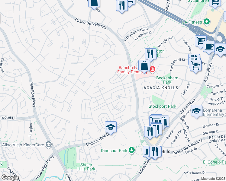 map of restaurants, bars, coffee shops, grocery stores, and more near in Laguna Woods