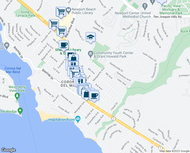 map of restaurants, bars, coffee shops, grocery stores, and more near 617 Marguerite Avenue in Newport Beach