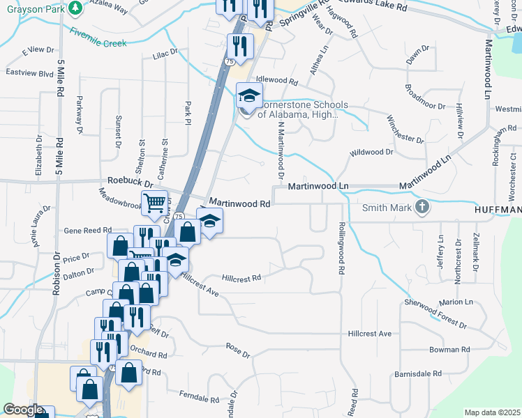 map of restaurants, bars, coffee shops, grocery stores, and more near 741 Martinwood Road in Birmingham