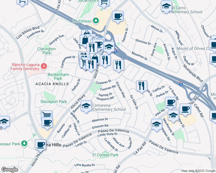 map of restaurants, bars, coffee shops, grocery stores, and more near 25222 Tasman Road in Laguna Hills