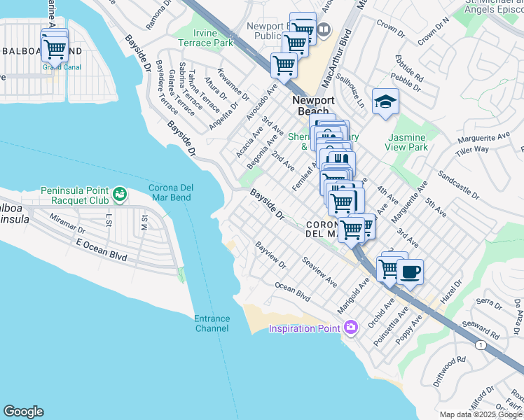 map of restaurants, bars, coffee shops, grocery stores, and more near 356 Dahlia Place in Newport Beach