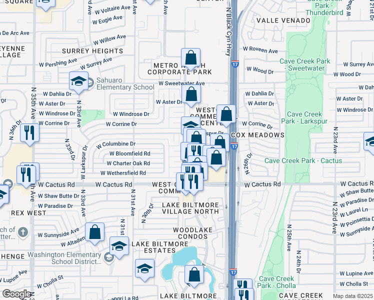 map of restaurants, bars, coffee shops, grocery stores, and more near 12418 North 28th Drive in Phoenix