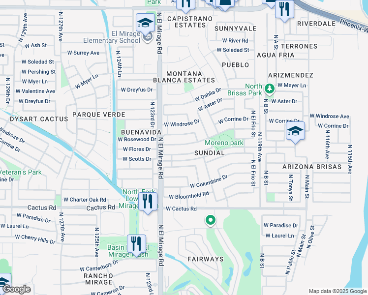 map of restaurants, bars, coffee shops, grocery stores, and more near 12214 West Flores Drive in El Mirage