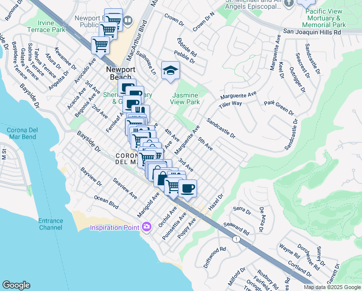 map of restaurants, bars, coffee shops, grocery stores, and more near 619 Marguerite Avenue in Newport Beach