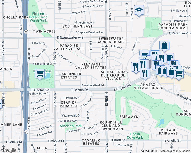map of restaurants, bars, coffee shops, grocery stores, and more near 12232 North 39th Place in Phoenix