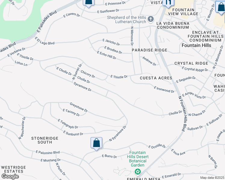 map of restaurants, bars, coffee shops, grocery stores, and more near 15904 Cholla Drive in Fountain Hills
