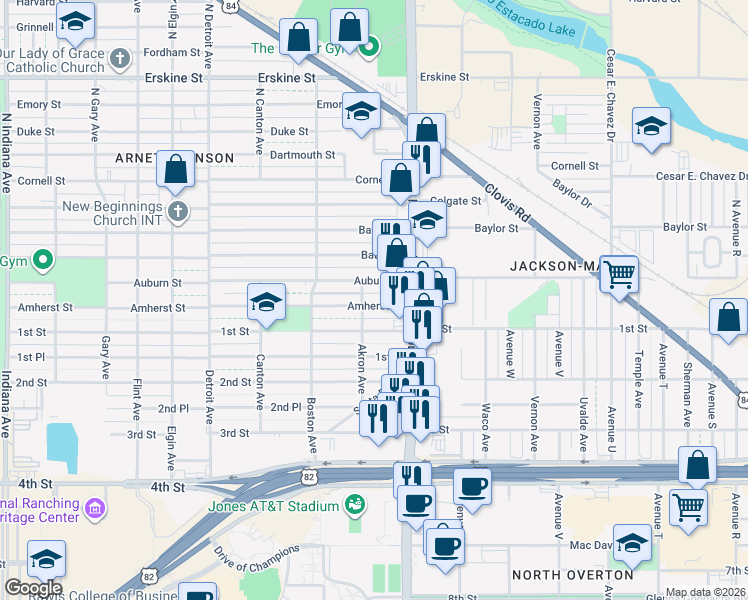 map of restaurants, bars, coffee shops, grocery stores, and more near 2520 Amherst Street in Lubbock