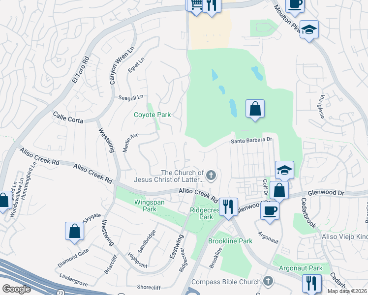 map of restaurants, bars, coffee shops, grocery stores, and more near 92 Verdin Lane in Aliso Viejo