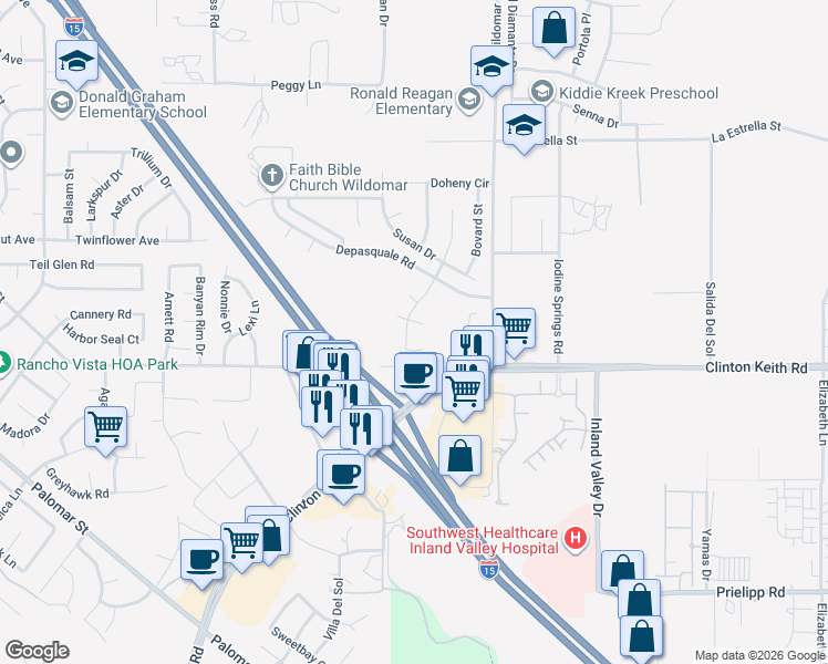 map of restaurants, bars, coffee shops, grocery stores, and more near 35912 Poplar Crest Road in Wildomar