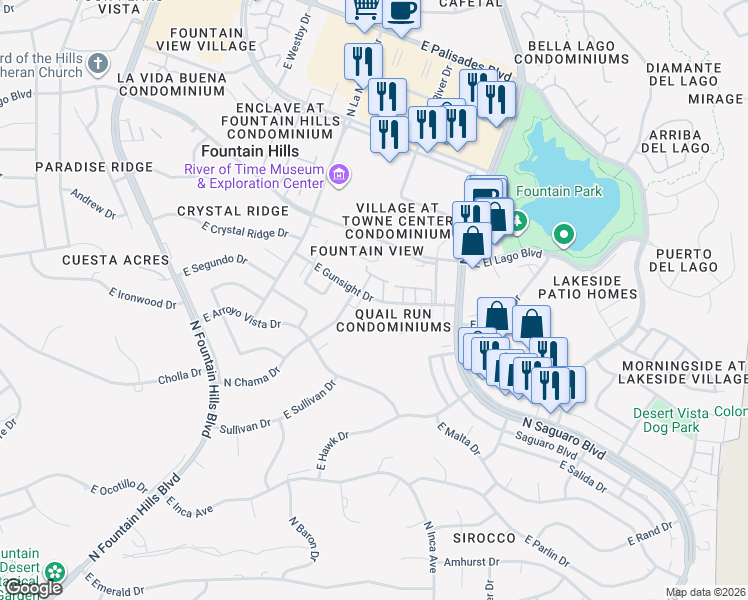 map of restaurants, bars, coffee shops, grocery stores, and more near 16656 East Gunsight Drive in Fountain Hills
