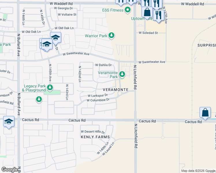 map of restaurants, bars, coffee shops, grocery stores, and more near 14082 West Rosewood Drive in Surprise