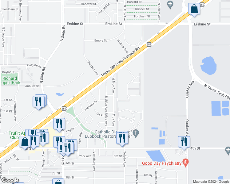 map of restaurants, bars, coffee shops, grocery stores, and more near Amherst Street in Lubbock