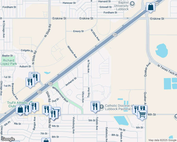 map of restaurants, bars, coffee shops, grocery stores, and more near 128 North Utica Avenue in Lubbock