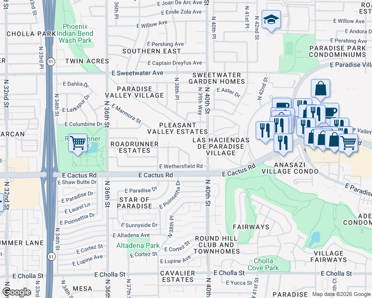 map of restaurants, bars, coffee shops, grocery stores, and more near 12232 North 39th Place in Phoenix
