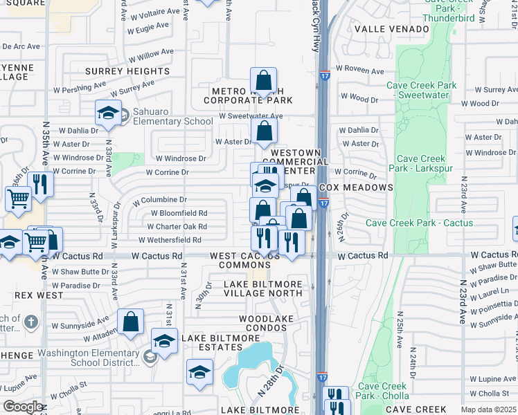map of restaurants, bars, coffee shops, grocery stores, and more near 12418 North 28th Drive in Phoenix