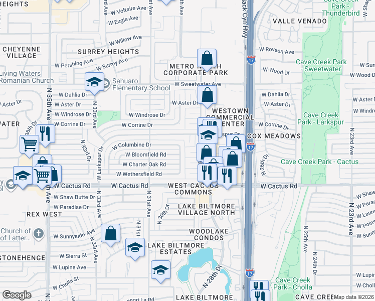 map of restaurants, bars, coffee shops, grocery stores, and more near 2917 West Bloomfield Road in Phoenix